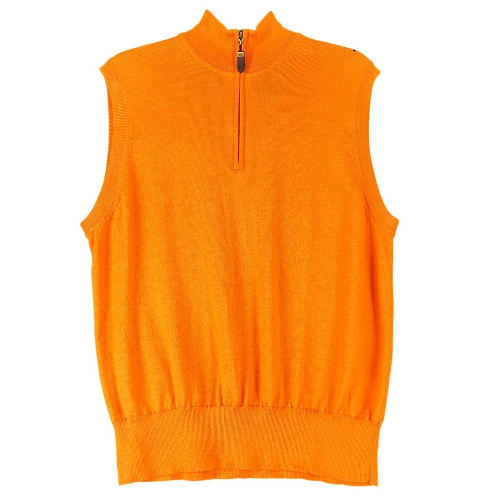 Orvis Merino Wool Quarter Zip Sweater Vest Mens M‎ Orange Sleeveless Pullover